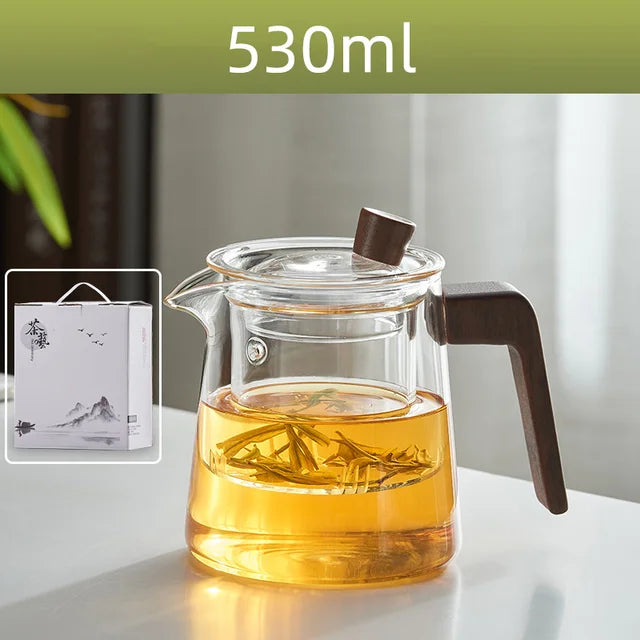 Retro Glass Teapot Wood Handle Chinese Tea Ceremony Transparent Teawear Set Cup Filter High Boron Silicon Pot  530ML