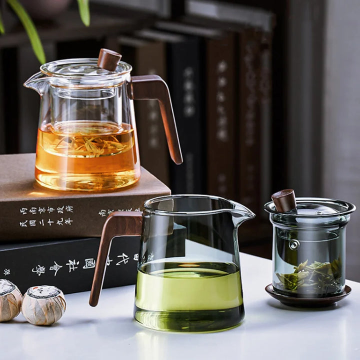 Retro Glass Teapot Wood Handle Chinese Tea Ceremony Transparent Teawear Set Cup Filter High Boron Silicon Pot  530ML